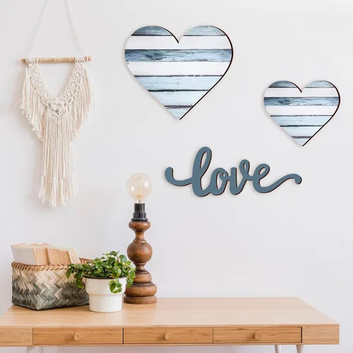 Vista 4 de 3 piezas de corazones de madera decoración corazón letrero de madera rústico colgante placa de amor para pared, hogar, granja, sala de estar Azul