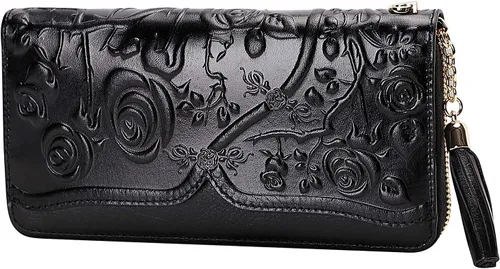 Vista 2 de PIJUSHI Carteras de cuero genuino para mujer, diseño floral, cartera de mano con borla