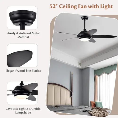 Vista 9 de Tangkula Ventilador de techo de 52 pulgadas con luces, ventilador de techo LED moderno para interiores, control remoto, motor reversible, 5