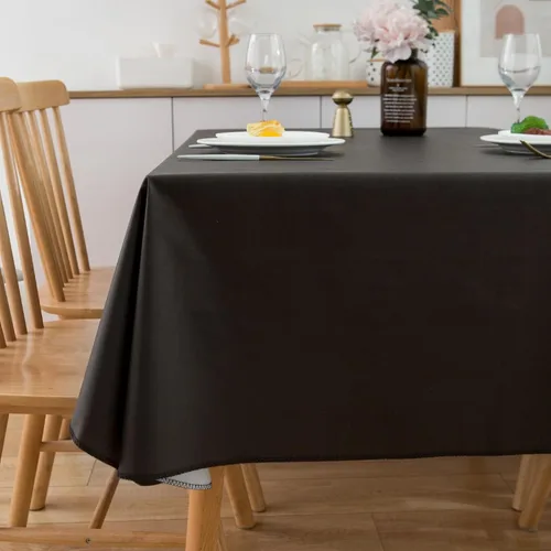 Vista 3 de LIBERECOO Mantel de vinilo con reverso de franela, negro sólido, impermeable, resistente a las manchas, mantel de mesa fácil de limpiar