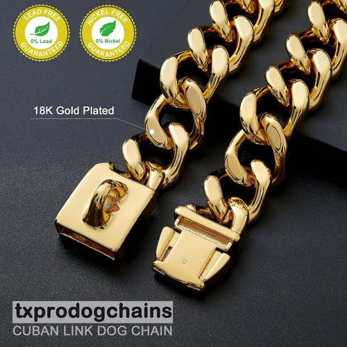 Vista 5 de txprodogchains Collar de cadena para perro grande con hebilla, resistente de 0.827 in de grosor, acero inoxidable, oro de 18 quilates, cadena