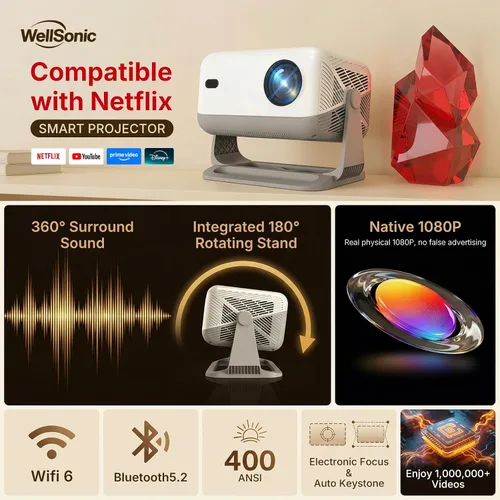 Vista 2 de Compatible con Netflix Smart Projector con Whale TV, proyector Native 1080P compatible con 4K, enfoque automático y Keystone automático, Dolby