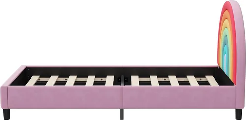 Vista 6 de SOFTSEA Base de cama tamaño individual con diseño de arco iris para niños, cama tapizada individual con cabecera arcoíris, cama de princesa, linda