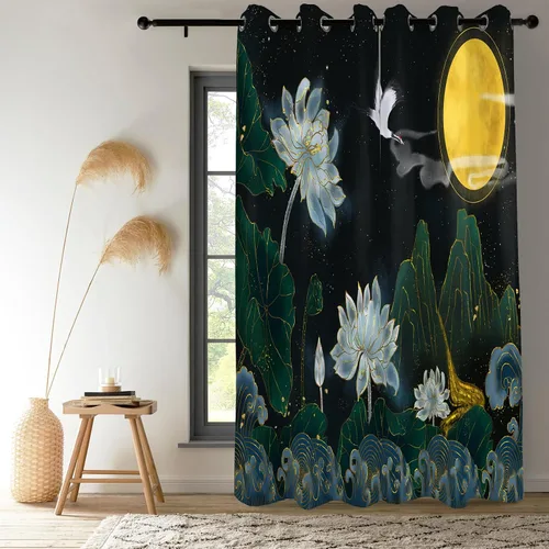 Vista 8 de Renaiss Cortinas de carpa para ventana, 29 pulgadas de ancho x 45 pulgadas de alto, pintura de tinta oriental, hojas de loto, lirio de agua negro