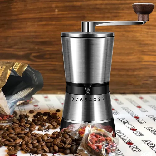 Vista 6 de Molinillo de café manual, capacidad de 6.53 oz con rebaba cónica de molienda de cerámica de 1.417 in, ajuste ajustable externo de 8 velocidades