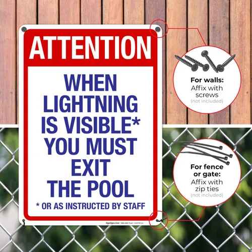 Vista 4 de Letrero con texto en inglés "Attention When Lightning is Visible You Must Exit The Pool - Letrero de piscina, 10 x 14 pulgadas, libre de óxido