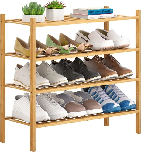 Vista 22 de Zapatero de bambú apilable para zapatos, organizador de almacenamiento para unidad, entrada, pasillo y armario, estante resistente independiente