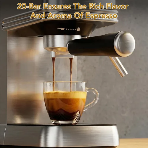 Vista 4 de COWSAR Máquina de café expreso de 20 bares, cafetera compacta con espumador de leche al vapor, cafetera de acero inoxidable con tanque de agua