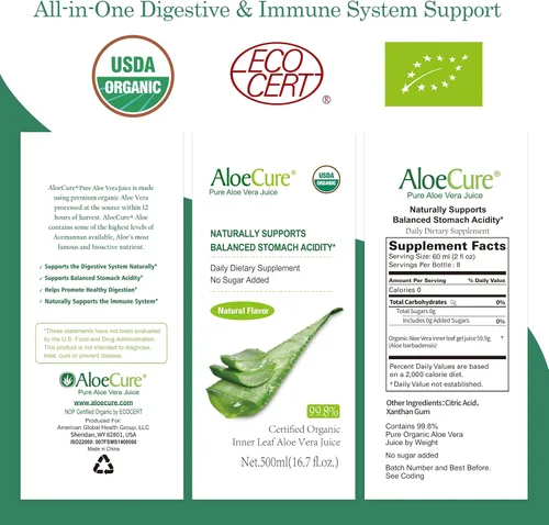 Vista 4 de AloeCure Jugo de aloe vera orgánico USDA hecho dentro de las 12 horas de la cosecha - Jugo puro de aloe natural, suplemento digestivo para apoyar