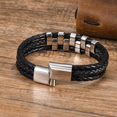 Vista 4 de XUANPAI - Pulseras personalizadas para hombre, pulseras de acero inoxidable para hombre, pulseras de cuero trenzado con 1-9 nombres grabados