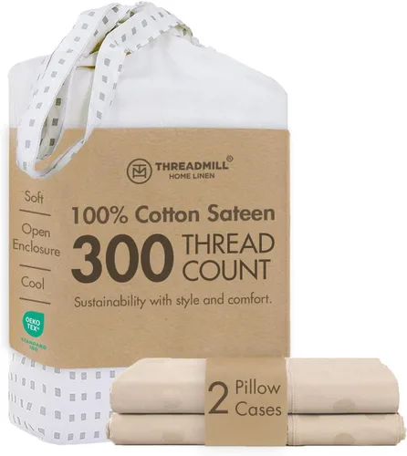 Vista 28 de Threadmill Juego de fundas de almohada tamaño king de 2 piezas - 100% algodón puro de 300 hilos, tejido de satén beige - Fundas de almohada ultra