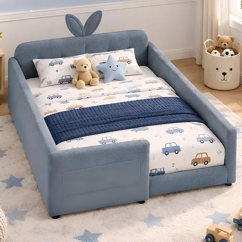 Vista 4 de Cama de suelo tapizada de tamaño matrimonial con valla y bolsillos, cama de Cama de suelo tapizada de tamaño matrimonial con listones y cabecero