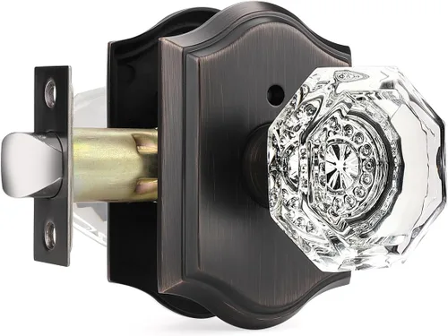Vista 39 de Gobrico Juego de pomos de puerta de vidrio transparente para interiores, cerradura de puerta de cristal de diamante de privacidad en latón antiguo