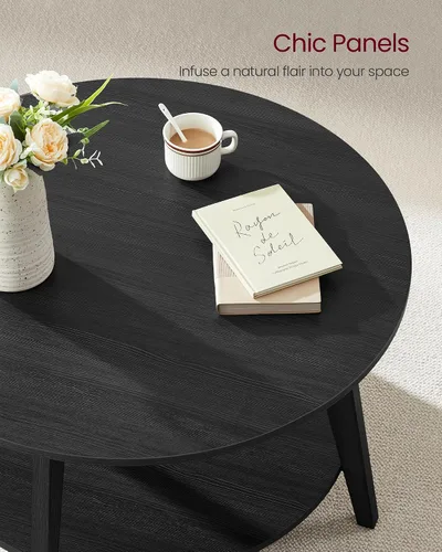 Vista 6 de VASAGLE Colección MAEZO - Mesa de café redonda, mesa de centro de 2 niveles con almacenamiento, patas cónicas, transiciones curvas, 31.5 pulgadas