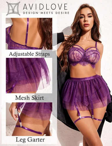Vista 2 de Avidlove Lencería de encaje para mujer, minifalda de malla, ropa de noche, babydoll