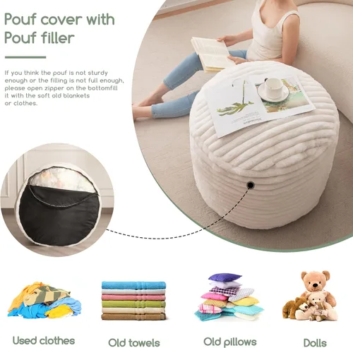 Vista 5 de HIGOGOGO Puf Otomano Redondo Relleno, Pufs de Piel Sintética a Rayas con Relleno de Trozos de Espuma, Puf Peludo y Esponjoso Taburete Reposapiés