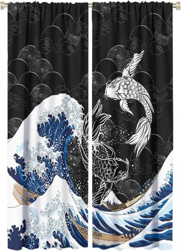 Vista 20 de Koi Fish - Cortinas opacas para cocina, estilo japonés, románticas, con estampado de flores de cerezo, con bolsillo para cortinero, cortinas opacas