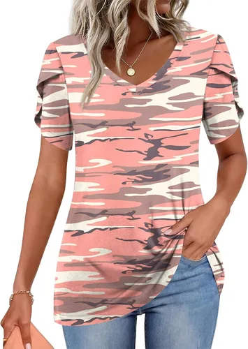 Vista 12 de CATHY 2025 - Blusas de verano para mujer, con mangas cortas, cuello en V, estilo túnica, tallas S-4XL Talla B
