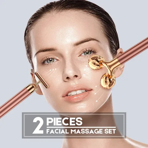 Vista 2 de Masajeador facial 2 en 1 Beauty Bar de pulso dorado de 24 quilates, rodillo 3D eléctrico y en forma de T, brazo ojo, nariz, cabeza, masajeador