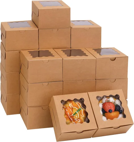 Vista 13 de Moretoes 24 cajas de panadería con ventana, 4 x 4 x 2.5 pulgadas, cajas de galletas marrones para pasteles pequeños, galletas y postres