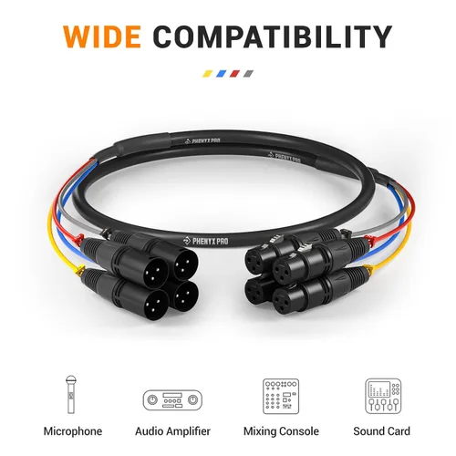 Vista 6 de Phenyx Pro PCBL-4IN1-3 - Cable de serpiente XLR de 4 canales, cable de conexión XLR macho a hembra con cobre OFC, cable divisor de 3 pies, cable