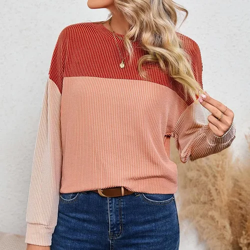 Vista 3 de Camisas de manga larga con cuello redondo para mujer, de otoño, a la moda, 2023, de punto, informales, cómodas, sudaderas