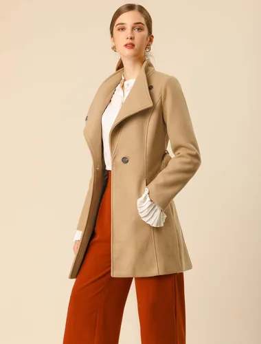 Vista 3 de Allegra K Abrigo largo clásico de invierno con cinturón de manga larga con cuello alto para mujer