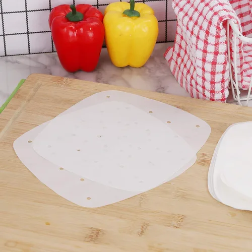 Vista 6 de Forros de papel desechables para freidora de aire, juego de 100, papel cuadrado para freidora de aire de 8.5 pulgadas, papel de pergamino perforado