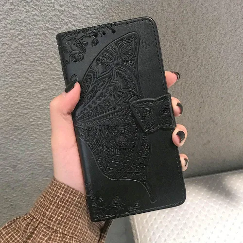 Vista 7 de Funda para teléfono Galaxy A14 5G, funda de piel sintética en relieve de mariposa con tarjeteros para tarjetas de crédito, correa de muñeca