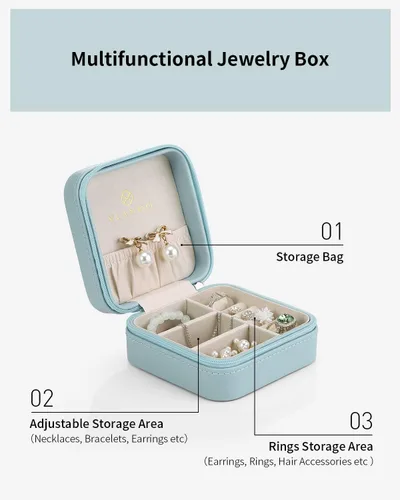 Vista 3 de Vlando Pequeña caja de joyería pequeña, caja de almacenamiento de joyas de viaje de piel sintética, aretes, anillos, collares, el mejor regalo