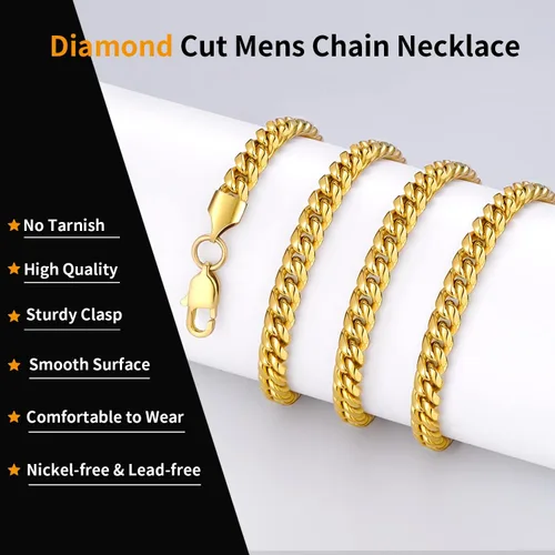 Vista 2 de Jewlpire Cadena de plata negra cadena de oro para hombres, niños y mujeres, corte de diamante, cadena de eslabones cubanos de 0.157 in0.236 in
