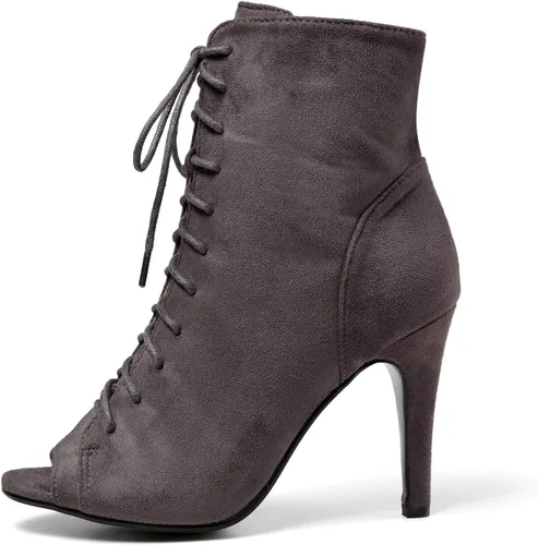 Vista 2 de GATUXUS Botas de tacón alto con cordones y puntera abierta para mujer, botines de tacón alto