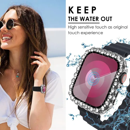 Vista 8 de Surace - Carcasa impermeable 2 en 1 para Apple Watch Series 6, 5, 4, SE de 1.575 pulgadas Lace Edge Diamond Protective Bumper Cover Built-in