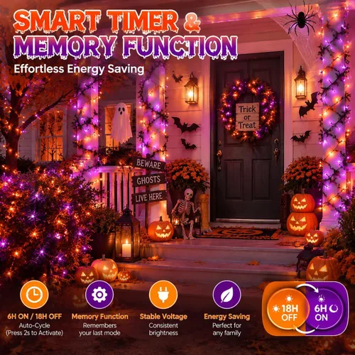 Vista 7 de Guirnalda de luces moradas y naranjas de Halloween, se pueden conectar entre sí, 2 unidades, 164 pies, 400 LED, 13 modos, impermeable
