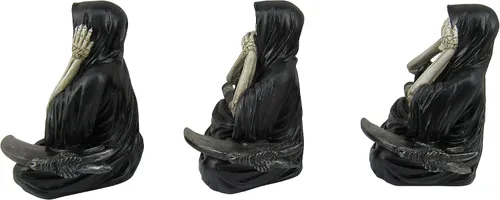 Vista 5 de DWK See No Evil Speak No Evil Hear No Evil Grim Reaper Figuras decorativas Decoración de estante gótico de 3 piezas Figura de la parca