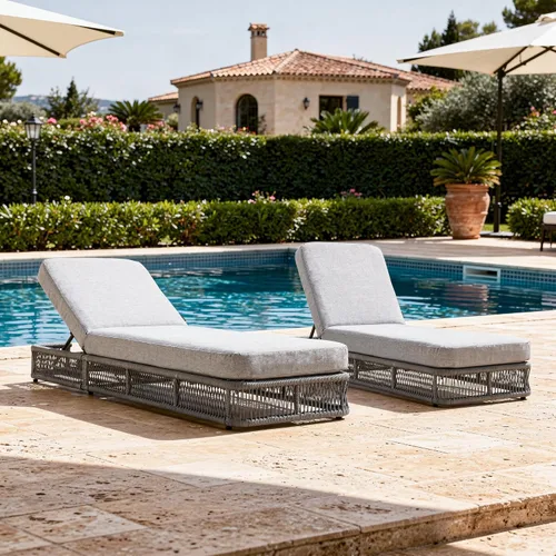 Vista 10 de Outdoor Chaise Lounge Chairs Set of 2, Brown Woven Rope Pool Lounge Chairs marrón/beige