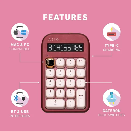 Vista 5 de AZIO IZO Calculadora mecánica inalámbrica y teclado numérico (Rojo/Oro) - Bluetooth 5.0 y USB, interruptor mecánico Gateron-Blue, 9 modos