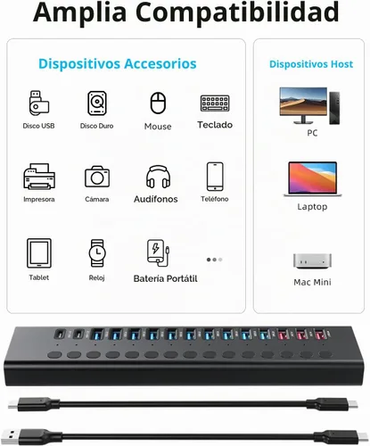 Vista 8 de Hub USB 3.0 alimentado, Splitter de Hub USB de 16 puertos (10 USB-A 3.0+2 QC 24W de carga rápida+2 de carga inteligente+2 puertos USB-C 3.0)