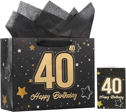 Vista 26 de Powbrace Bolsa de regalo de cumpleaños número 30 negra de 13 pulgadas con papel de seda y tarjeta de felicitación para fiestas, bolsa de regalo