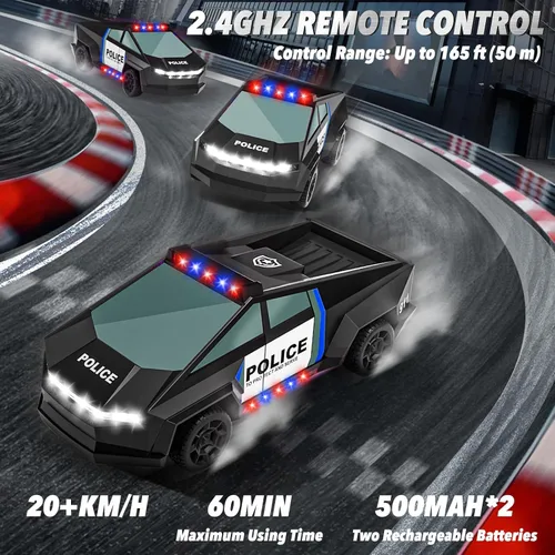 Vista 4 de MACALOCA Juguetes de coche a control remoto, camión RC con temática de policía 1:20 con luces LED intermitentes y espacio de carga, 2.4 GHz