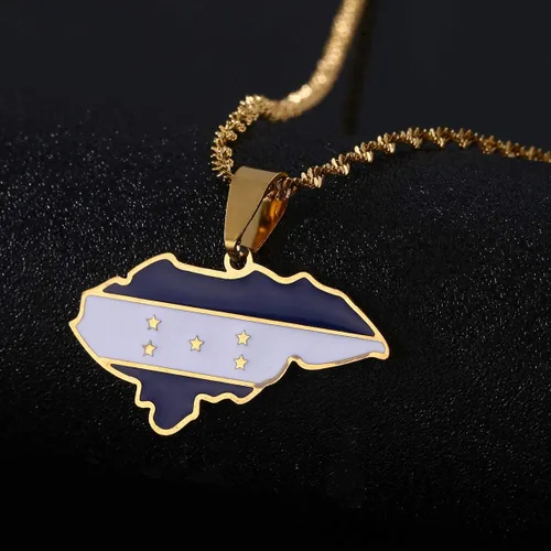 Vista 2 de Huangshanshan Esmalte Honduras Mapa Colgante Collares Charm Mapas Joyas (Oro), Acero inoxidable