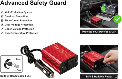 Vista 4 de Inversor de corriente de coche rojo de 150W, convertidor de 12V DC a 110V AC, adaptador de enchufe de vehículo con cargador de coche USB dual