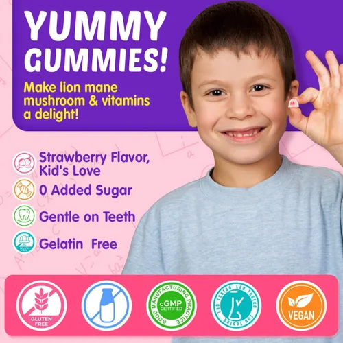 Vista 7 de Gomitas cerebrales para niños, suplemento de enfoque con hongo melena de leones, vitaminas cerebrales