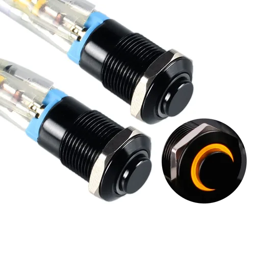 Vista 14 de 2 interruptores de botón de metal con pestillo de 0.472 pulgadas, cabeza elevada de 12 V-24 V, 4 pines de encendido y apagado, 1 no, carcasa negra