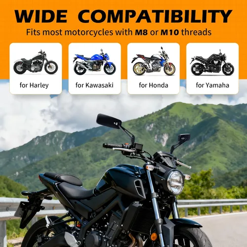 Vista 6 de Espejos retrovisores de manillar rectangular de 8 mm/10 mm en color negro para motocicletas, compatibles con Harley Street Glide, Road King