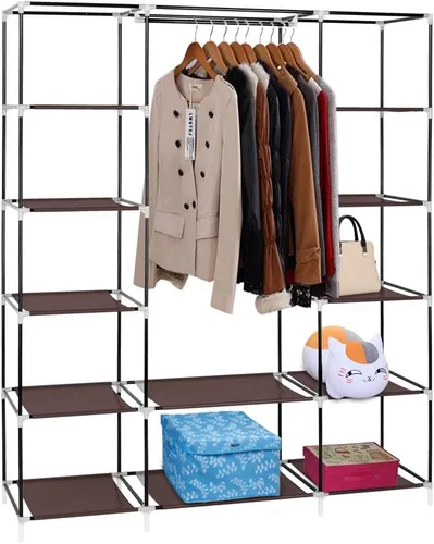 Vista 5 de Vasitelan Armario portátil con estantes y cubierta para colgar ropa, tela no tejida, montaje rápido y fácil (estilo 1-marrón)