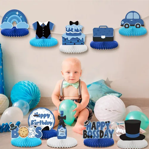 Vista 6 de SATINIOR 10 piezas de centro de mesa de jefe, decoración de cumpleaños para niño jefe, temática de nido de abeja, juego de decoración de fiesta