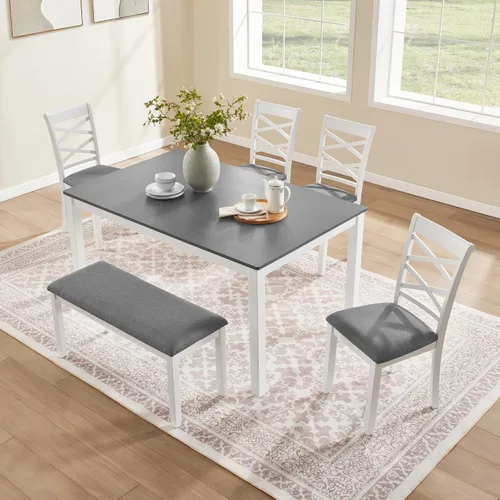 Vista 25 de LUMISOL - Juego de mesa de comedor de madera maciza con 4 sillas tapizadas y banco para cocina, comedor, sala de estar, gris plateado