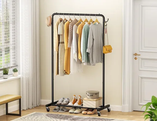 Vista 7 de HOMIDEC Clothes Rail, Metal Clothes Rack with 4 Side Hooks, Bottom Storage Shelf and Wheels, Heavy-Duty Clothing Rail Holds Up to 40kg, Clothes