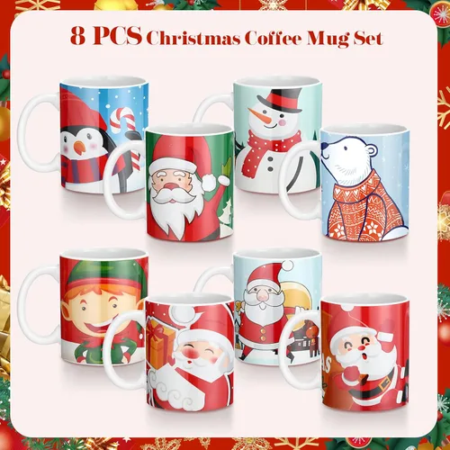 Vista 4 de Nuogo Paquete de 8 tazas de café de Navidad de cerámica, tazas de cerámica apilables para fiesta de vacaciones, tazas de cerámica para regalo